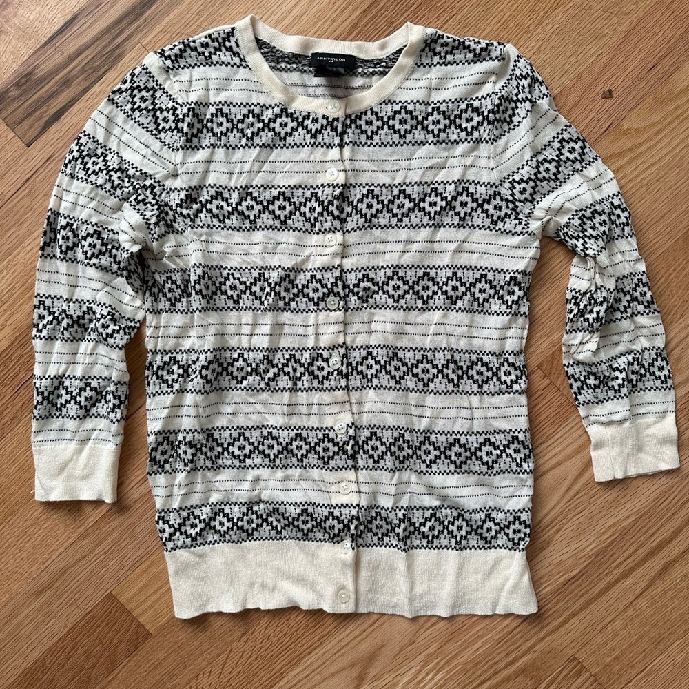 Ann Taylor Black and Cream Striped Cardigan